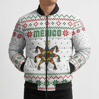 Mexico Christmas Bomber Puffer Jacket with Piñata Star Design and Red Green Snowflake Pattern - Wonder Print Shop
