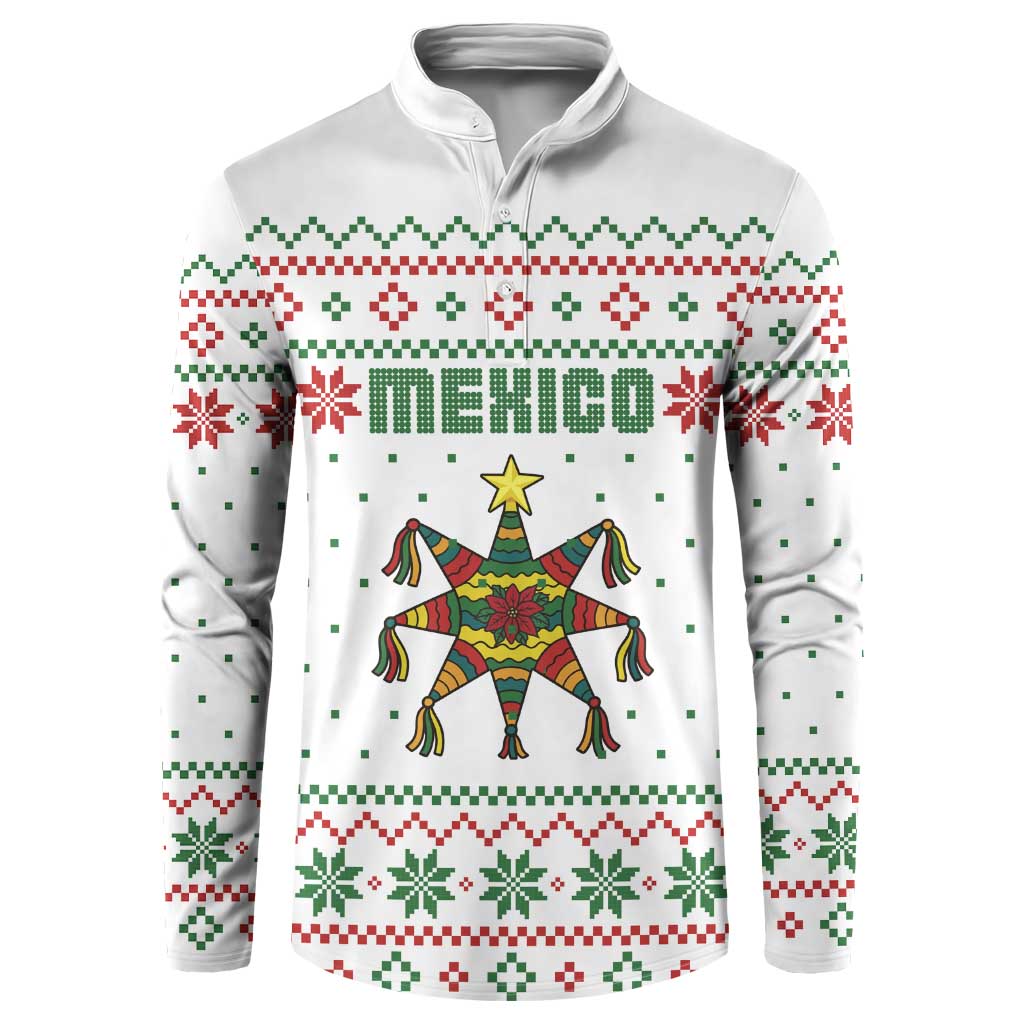 Mexico Christmas Button Sweatshirt with Piñata Star Design and Red Green Snowflake Pattern - Wonder Print Shop