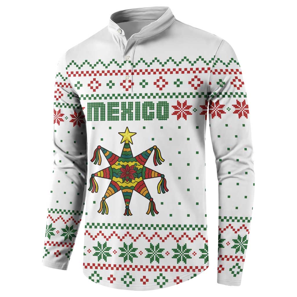 Mexico Christmas Button Sweatshirt with Piñata Star Design and Red Green Snowflake Pattern - Wonder Print Shop