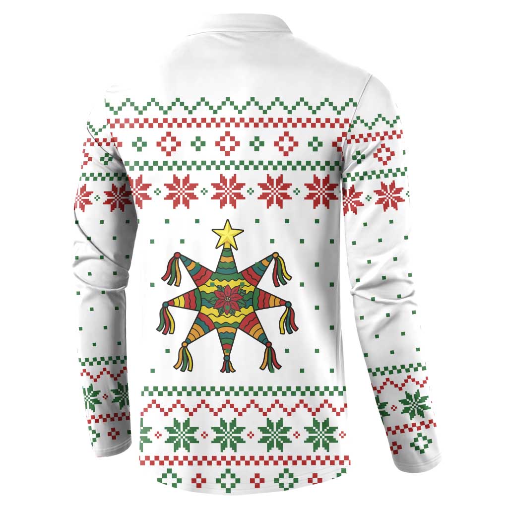 Mexico Christmas Button Sweatshirt with Piñata Star Design and Red Green Snowflake Pattern - Wonder Print Shop