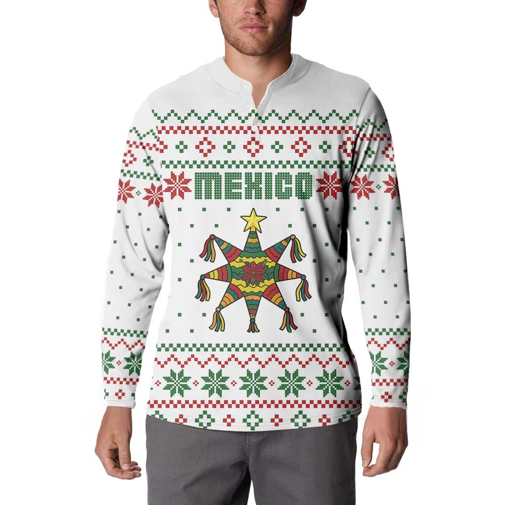 Mexico Christmas Button Sweatshirt with Piñata Star Design and Red Green Snowflake Pattern - Wonder Print Shop