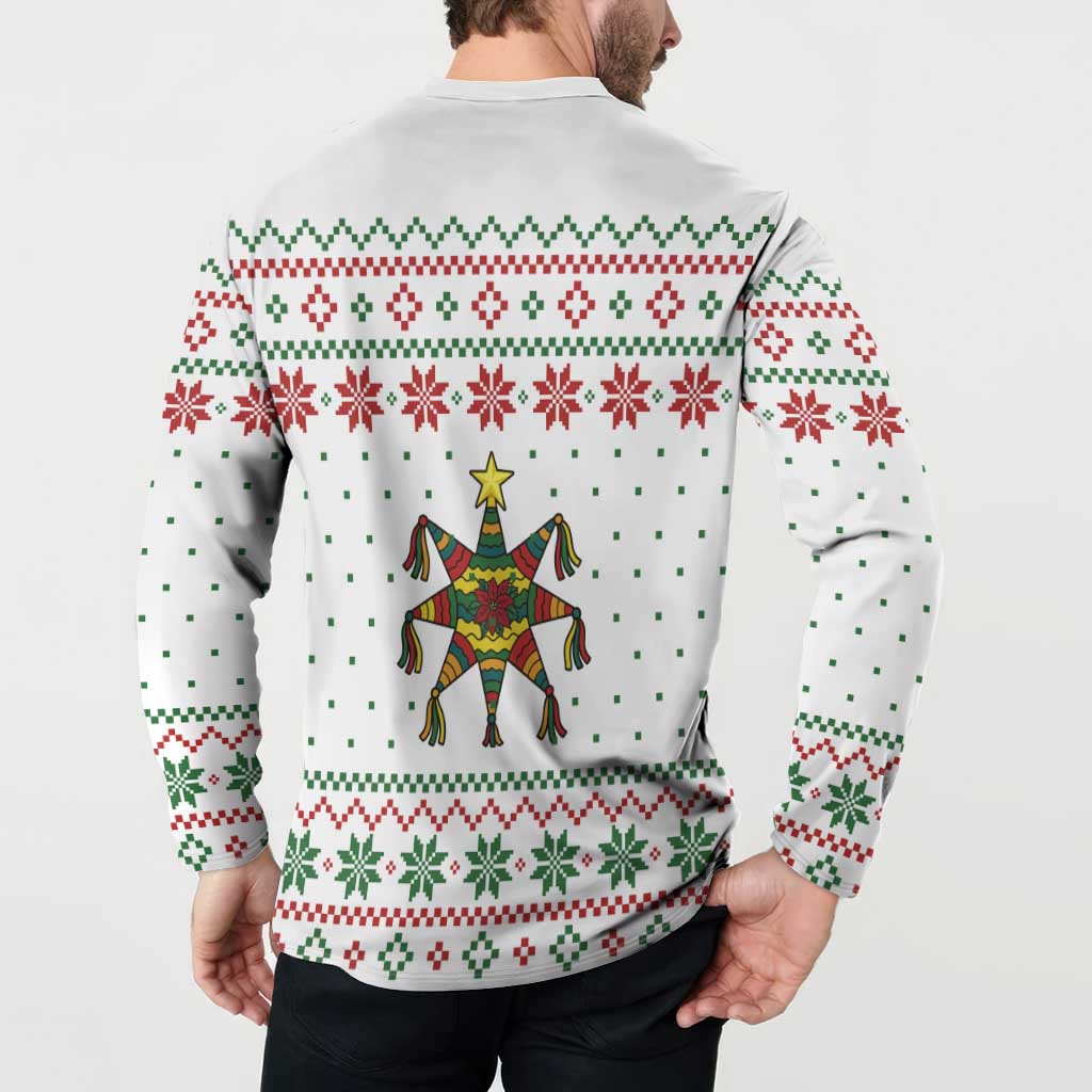 Mexico Christmas Button Sweatshirt with Piñata Star Design and Red Green Snowflake Pattern - Wonder Print Shop