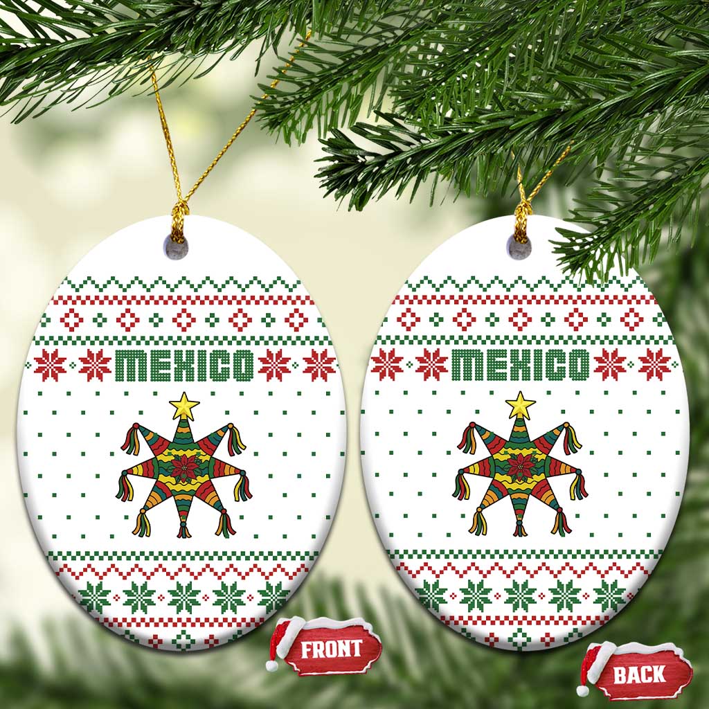 Mexico Christmas Ceramic Ornament with Piñata Star Design and Red Green Snowflake Pattern - Wonder Print Shop
