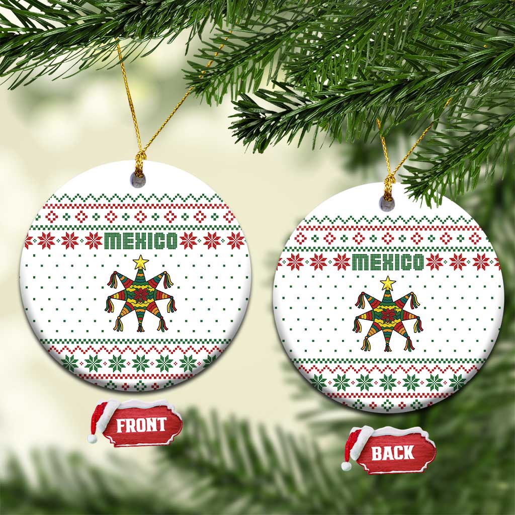 Mexico Christmas Ceramic Ornament with Piñata Star Design and Red Green Snowflake Pattern - Wonder Print Shop