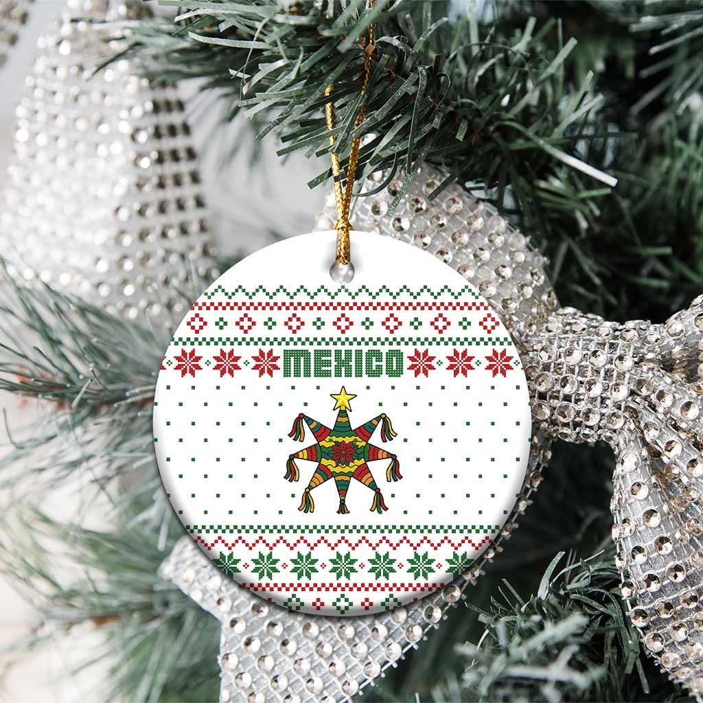 Mexico Christmas Ceramic Ornament with Piñata Star Design and Red Green Snowflake Pattern - Wonder Print Shop