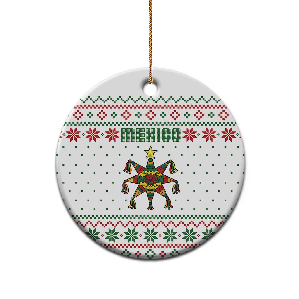 Mexico Christmas Ceramic Ornament with Piñata Star Design and Red Green Snowflake Pattern - Wonder Print Shop