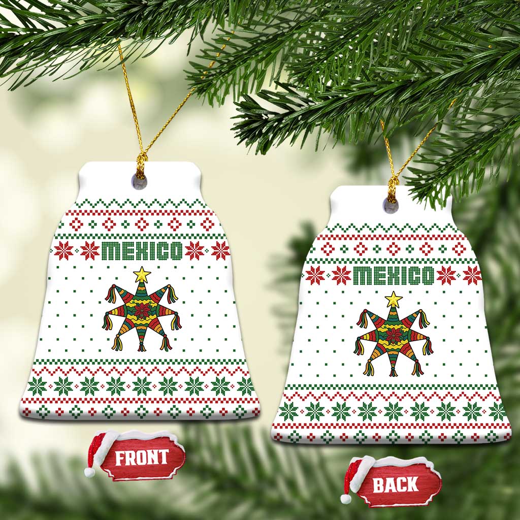 Mexico Christmas Ceramic Ornament with Piñata Star Design and Red Green Snowflake Pattern - Wonder Print Shop
