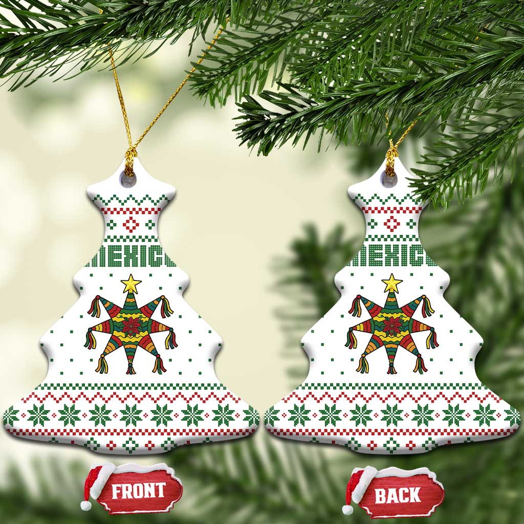 Mexico Christmas Ceramic Ornament with Piñata Star Design and Red Green Snowflake Pattern - Wonder Print Shop