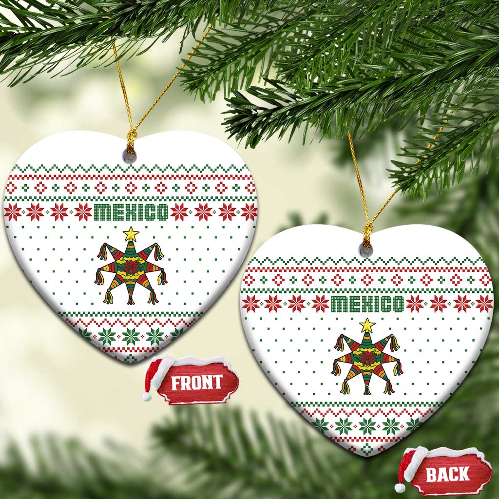 Mexico Christmas Ceramic Ornament with Piñata Star Design and Red Green Snowflake Pattern - Wonder Print Shop