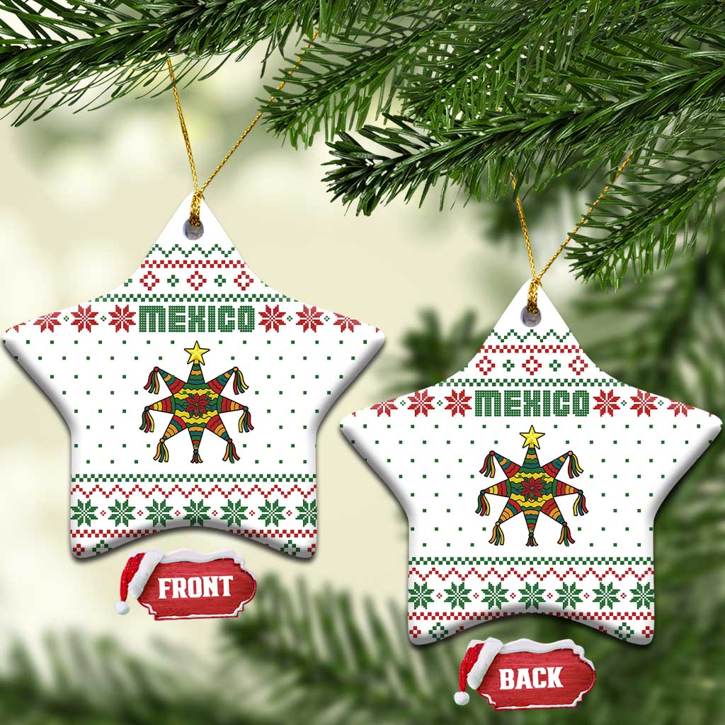 Mexico Christmas Ceramic Ornament with Piñata Star Design and Red Green Snowflake Pattern - Wonder Print Shop