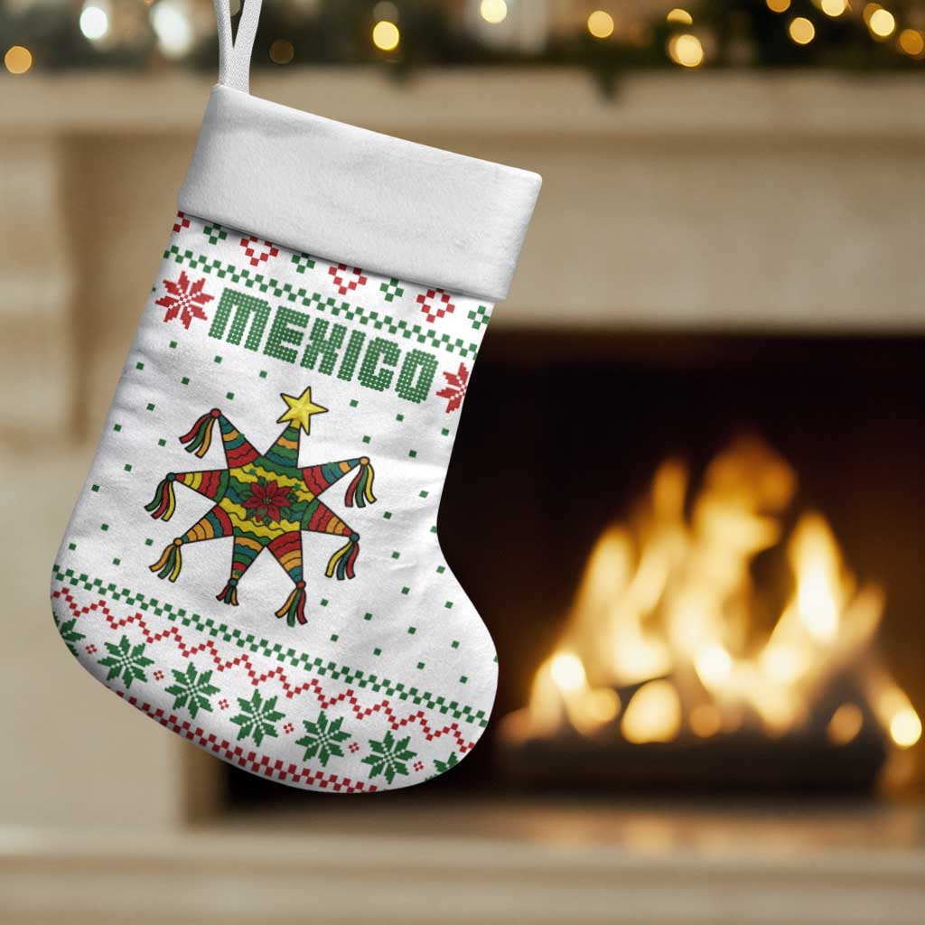 Mexico Christmas Stocking with Piñata Star Design and Red Green Snowflake Pattern - Wonder Print Shop