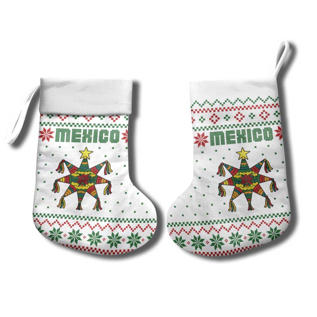 Mexico Christmas Stocking with Piñata Star Design and Red Green Snowflake Pattern - Wonder Print Shop