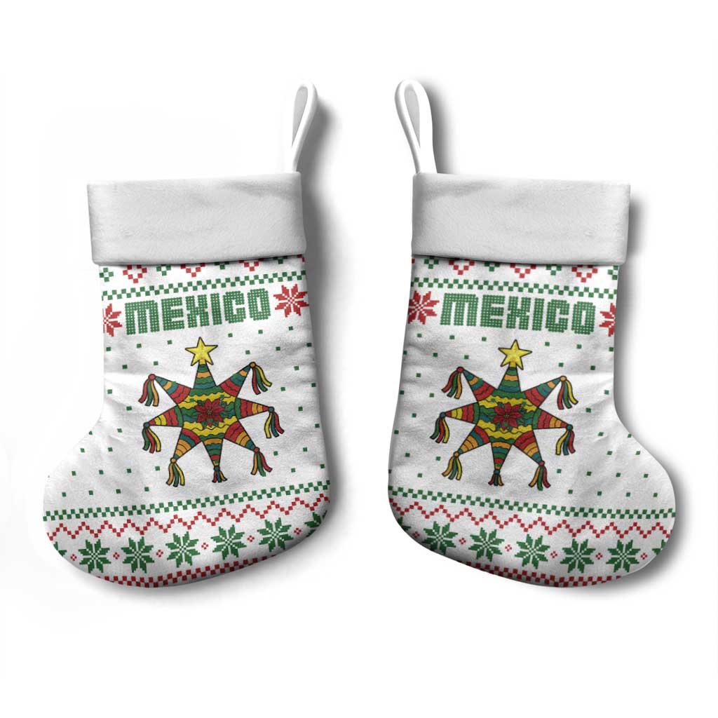 Mexico Christmas Stocking with Piñata Star Design and Red Green Snowflake Pattern - Wonder Print Shop