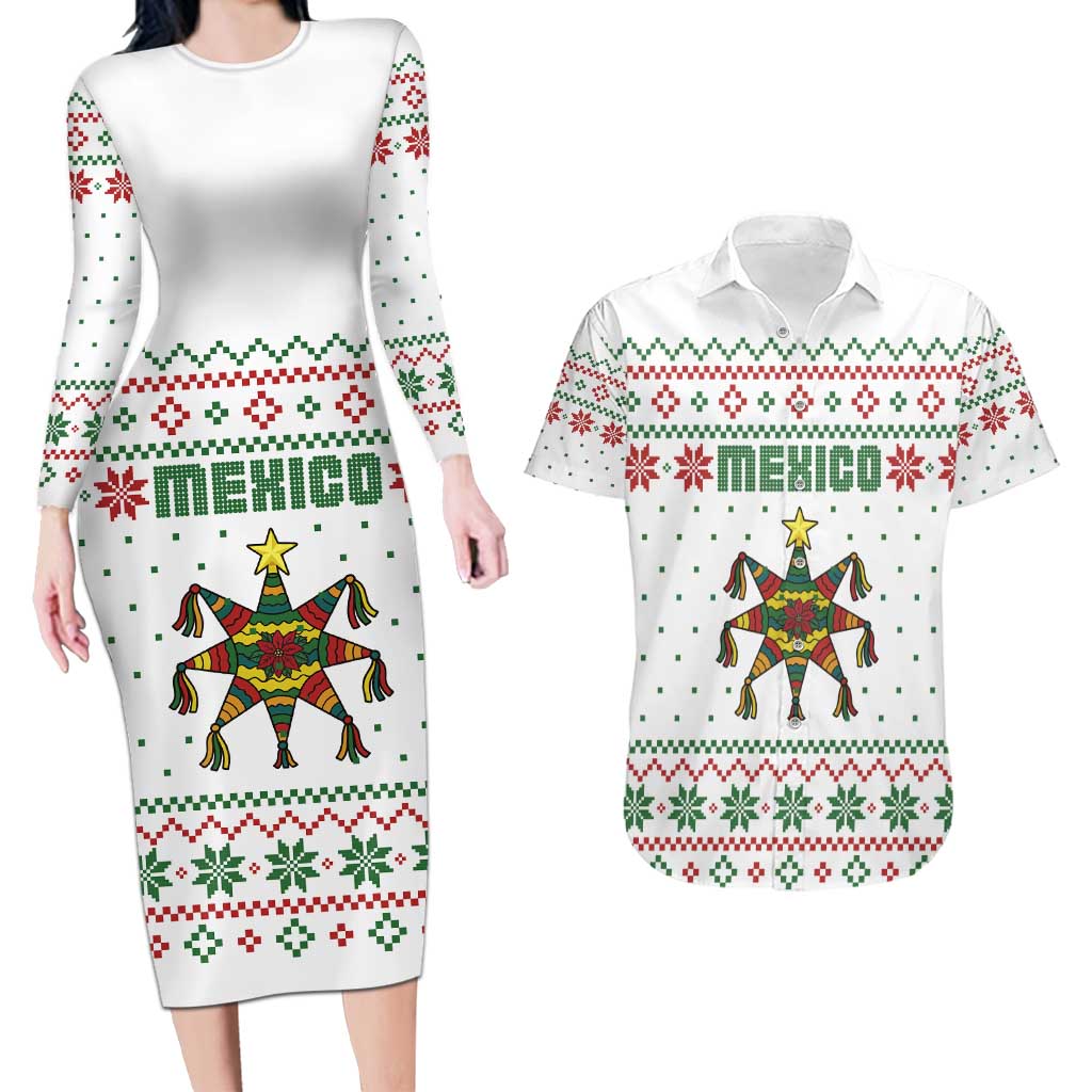 Mexico Christmas Couples Matching Long Sleeve Bodycon Dress and Hawaiian Shirt with Piñata Star Design and Red Green Snowflake Pattern - Wonder Print Shop
