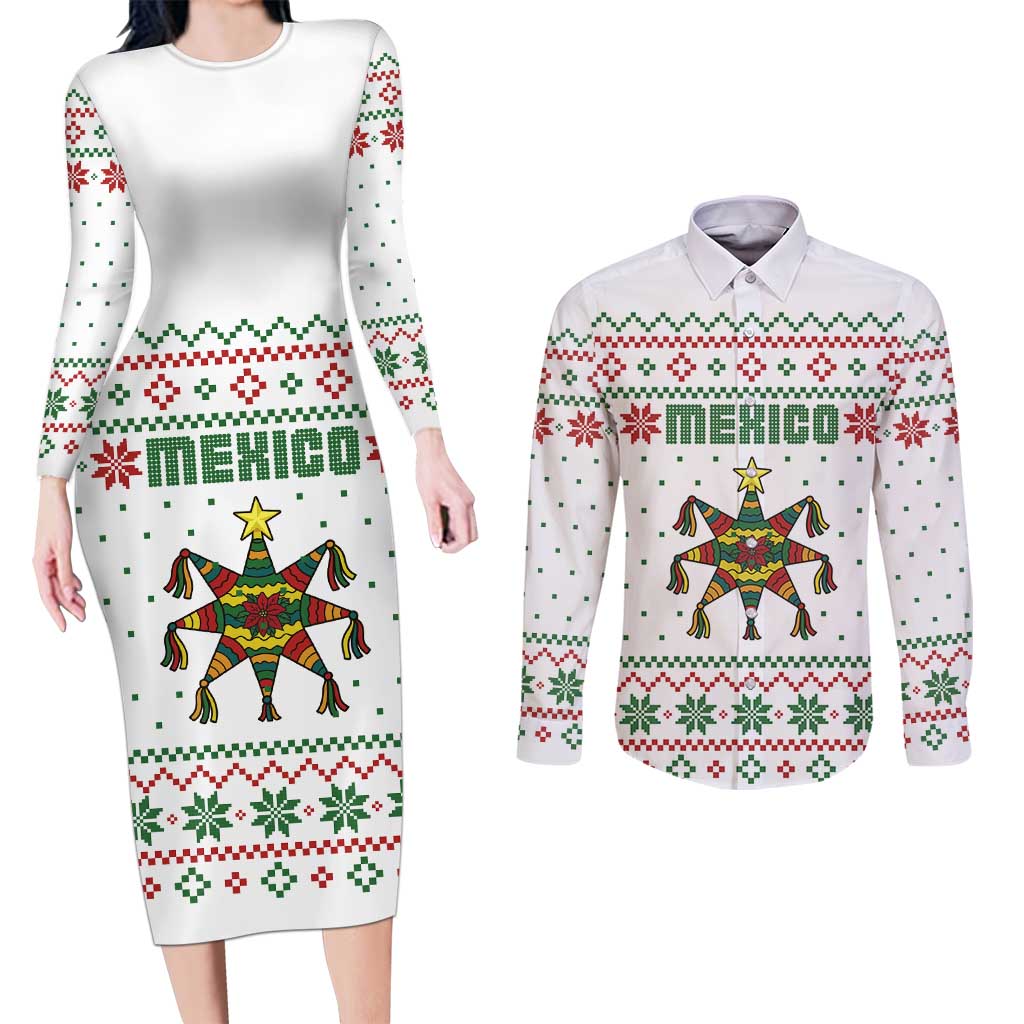 Mexico Christmas Couples Matching Long Sleeve Bodycon Dress and Long Sleeve Button Shirt with Piñata Star Design and Red Green Snowflake Pattern - Wonder Print Shop