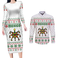 Mexico Christmas Couples Matching Long Sleeve Bodycon Dress and Long Sleeve Button Shirt with Piñata Star Design and Red Green Snowflake Pattern - Wonder Print Shop