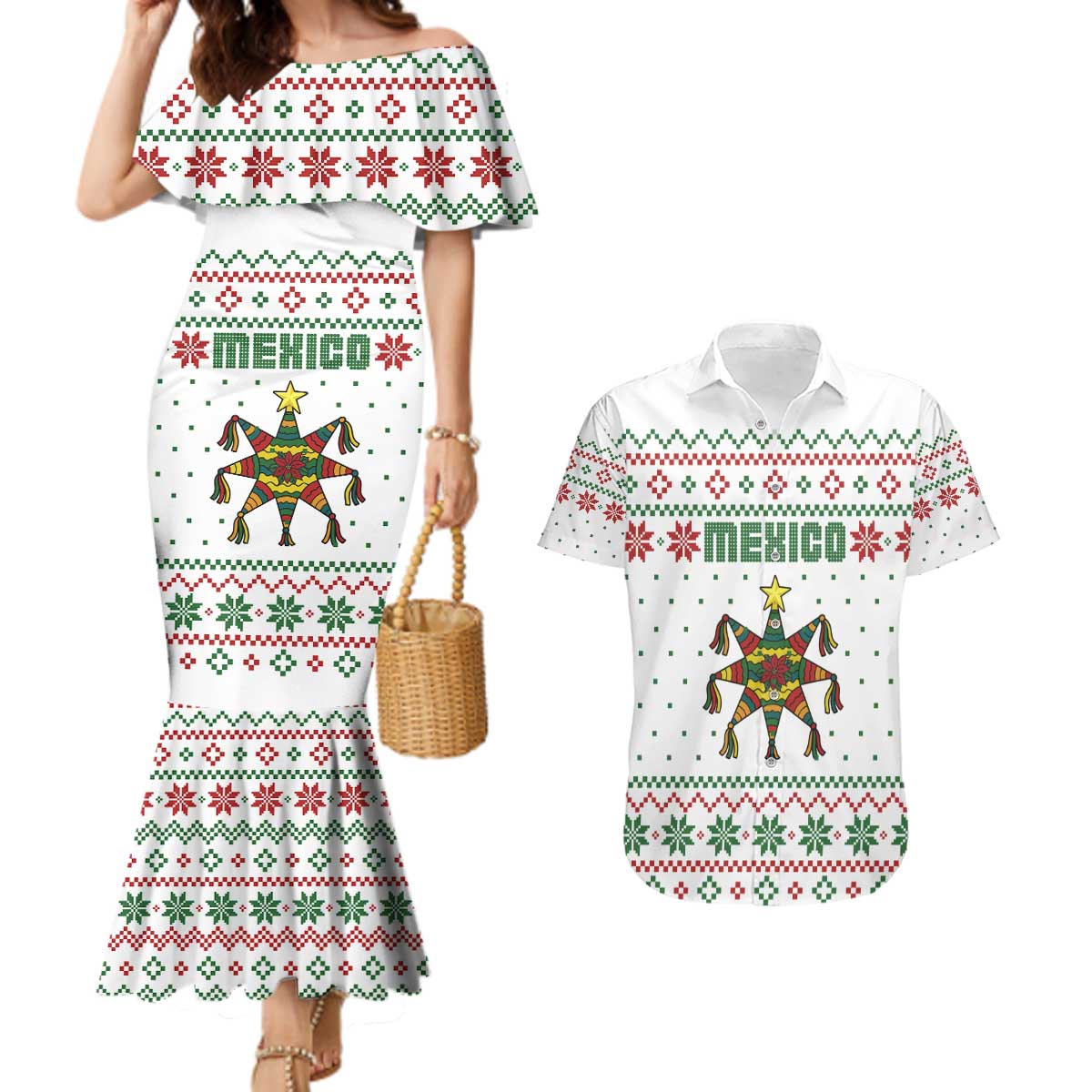 Mexico Christmas Couples Matching Mermaid Dress and Hawaiian Shirt with Piñata Star Design and Red Green Snowflake Pattern - Wonder Print Shop