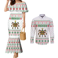 Mexico Christmas Couples Matching Mermaid Dress and Long Sleeve Button Shirt with Piñata Star Design and Red Green Snowflake Pattern - Wonder Print Shop