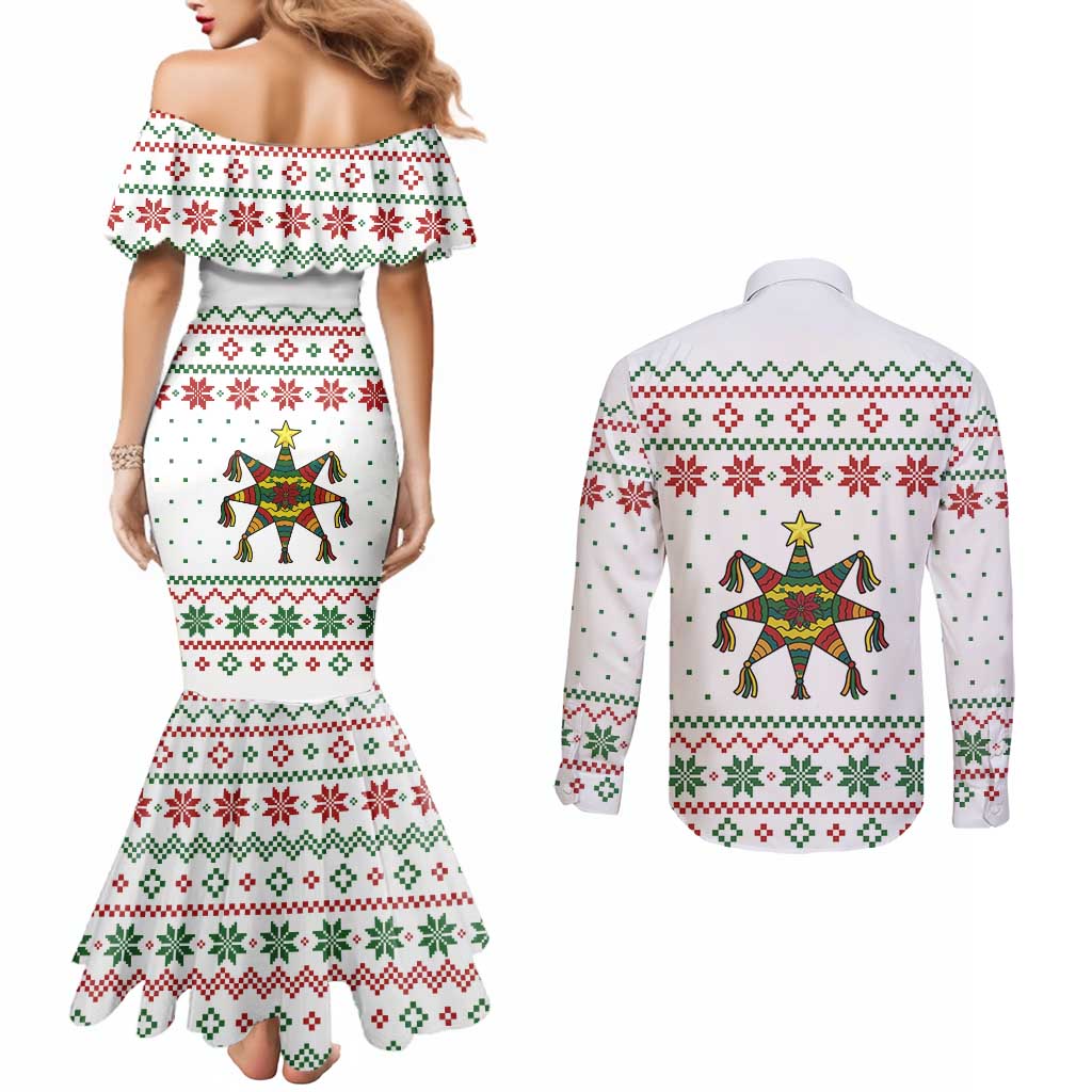 Mexico Christmas Couples Matching Mermaid Dress and Long Sleeve Button Shirt with Piñata Star Design and Red Green Snowflake Pattern - Wonder Print Shop