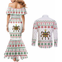 Mexico Christmas Couples Matching Mermaid Dress and Long Sleeve Button Shirt with Piñata Star Design and Red Green Snowflake Pattern - Wonder Print Shop