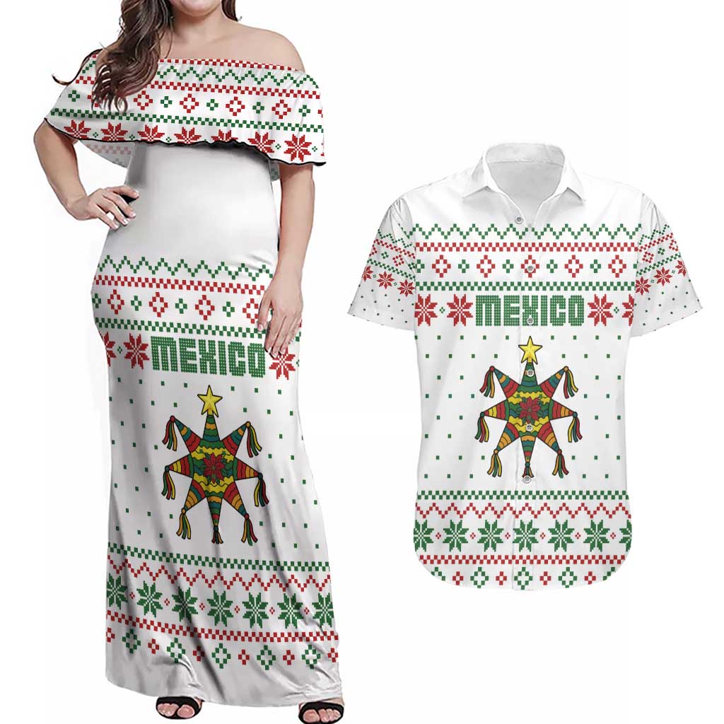 Mexico Christmas Couples Matching Off Shoulder Maxi Dress and Hawaiian Shirt with Piñata Star Design and Red Green Snowflake Pattern - Wonder Print Shop