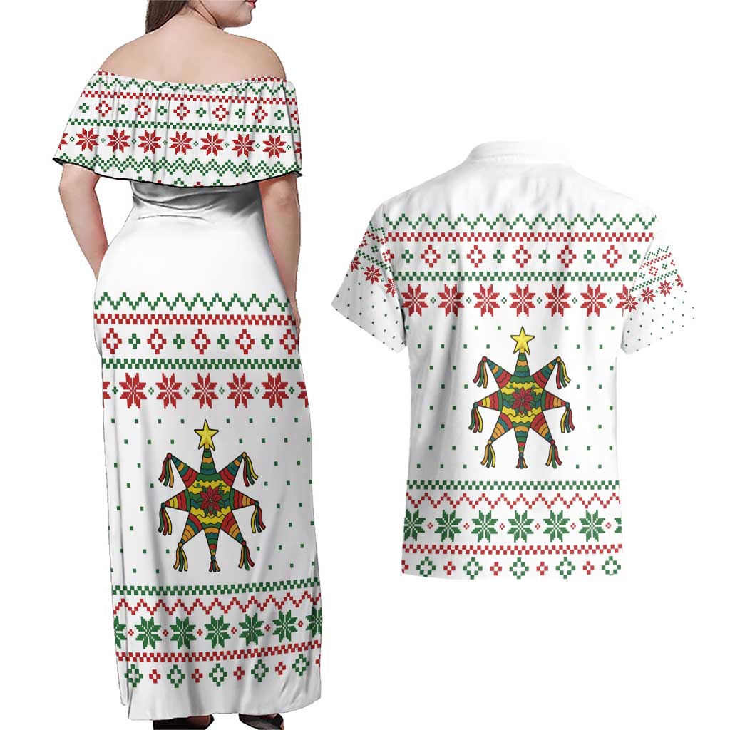 Mexico Christmas Couples Matching Off Shoulder Maxi Dress and Hawaiian Shirt with Piñata Star Design and Red Green Snowflake Pattern - Wonder Print Shop