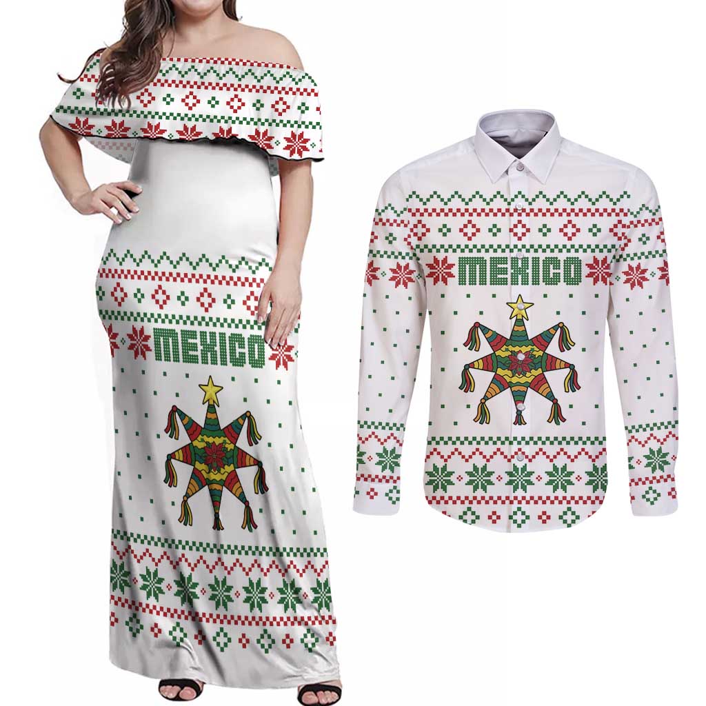 Mexico Christmas Couples Matching Off Shoulder Maxi Dress and Long Sleeve Button Shirt with Piñata Star Design and Red Green Snowflake Pattern - Wonder Print Shop