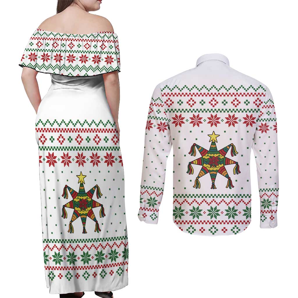 Mexico Christmas Couples Matching Off Shoulder Maxi Dress and Long Sleeve Button Shirt with Piñata Star Design and Red Green Snowflake Pattern - Wonder Print Shop