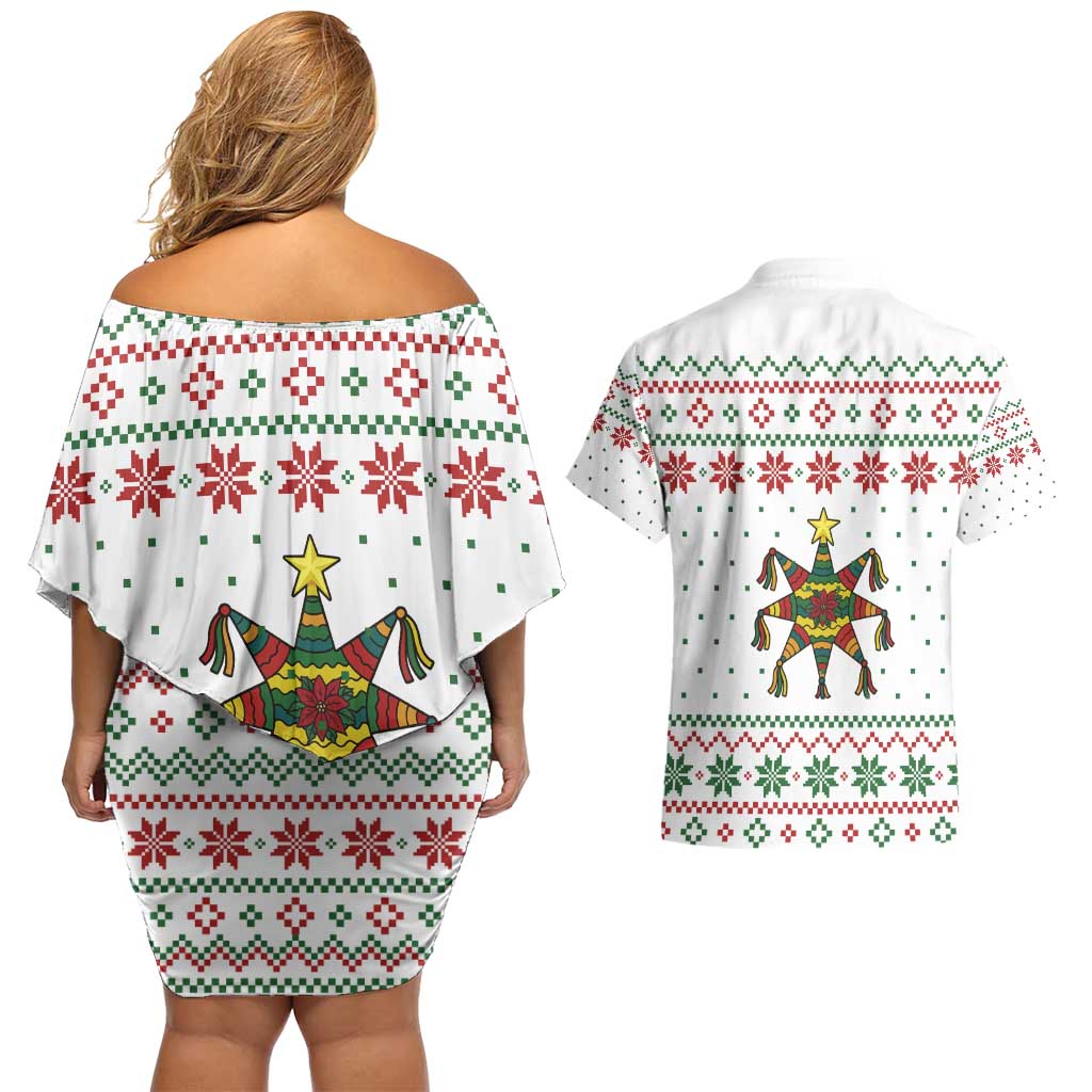 Mexico Christmas Couples Matching Off Shoulder Short Dress and Hawaiian Shirt with Piñata Star Design and Red Green Snowflake Pattern - Wonder Print Shop