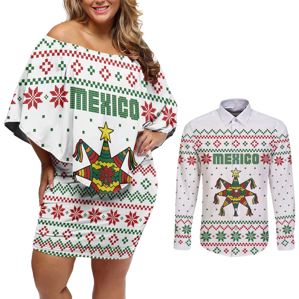 Mexico Christmas Couples Matching Off Shoulder Short Dress and Long Sleeve Button Shirt with Piñata Star Design and Red Green Snowflake Pattern - Wonder Print Shop