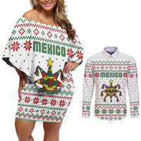 Mexico Christmas Couples Matching Off Shoulder Short Dress and Long Sleeve Button Shirt with Piñata Star Design and Red Green Snowflake Pattern - Wonder Print Shop