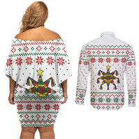 Mexico Christmas Couples Matching Off Shoulder Short Dress and Long Sleeve Button Shirt with Piñata Star Design and Red Green Snowflake Pattern - Wonder Print Shop