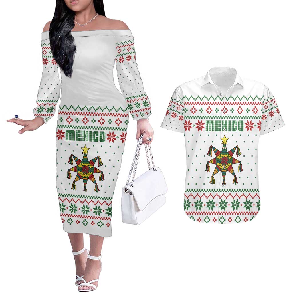 Mexico Christmas Couples Matching Off The Shoulder Long Sleeve Dress and Hawaiian Shirt with Piñata Star Design and Red Green Snowflake Pattern - Wonder Print Shop