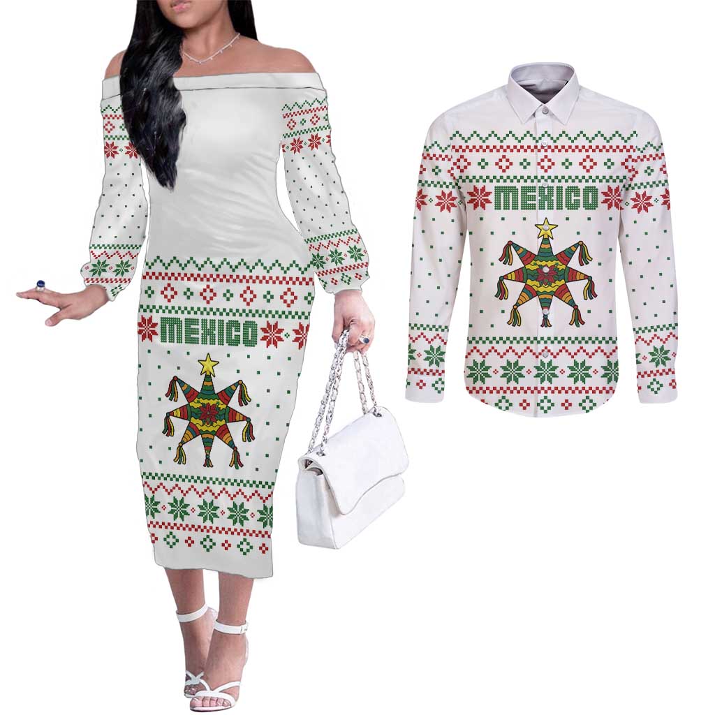 Mexico Christmas Couples Matching Off The Shoulder Long Sleeve Dress and Long Sleeve Button Shirt with Piñata Star Design and Red Green Snowflake Pattern - Wonder Print Shop