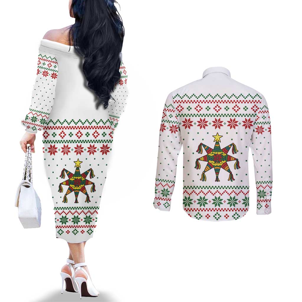 Mexico Christmas Couples Matching Off The Shoulder Long Sleeve Dress and Long Sleeve Button Shirt with Piñata Star Design and Red Green Snowflake Pattern - Wonder Print Shop