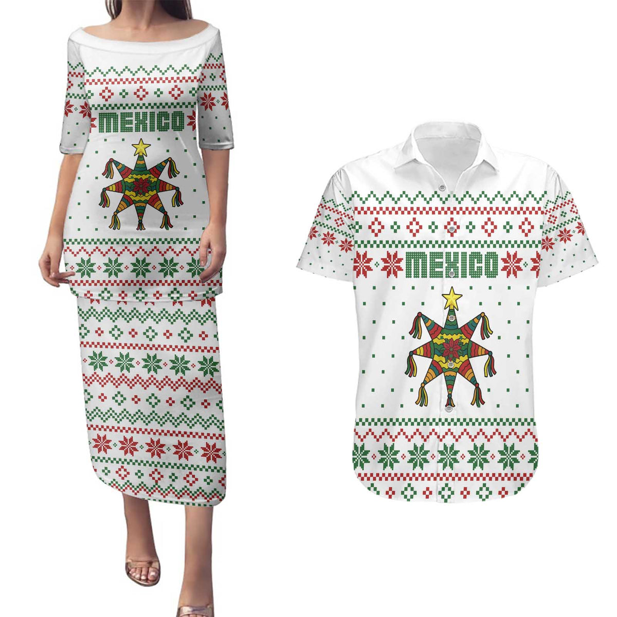 Mexico Christmas Couples Matching Puletasi and Hawaiian Shirt with Piñata Star Design and Red Green Snowflake Pattern - Wonder Print Shop
