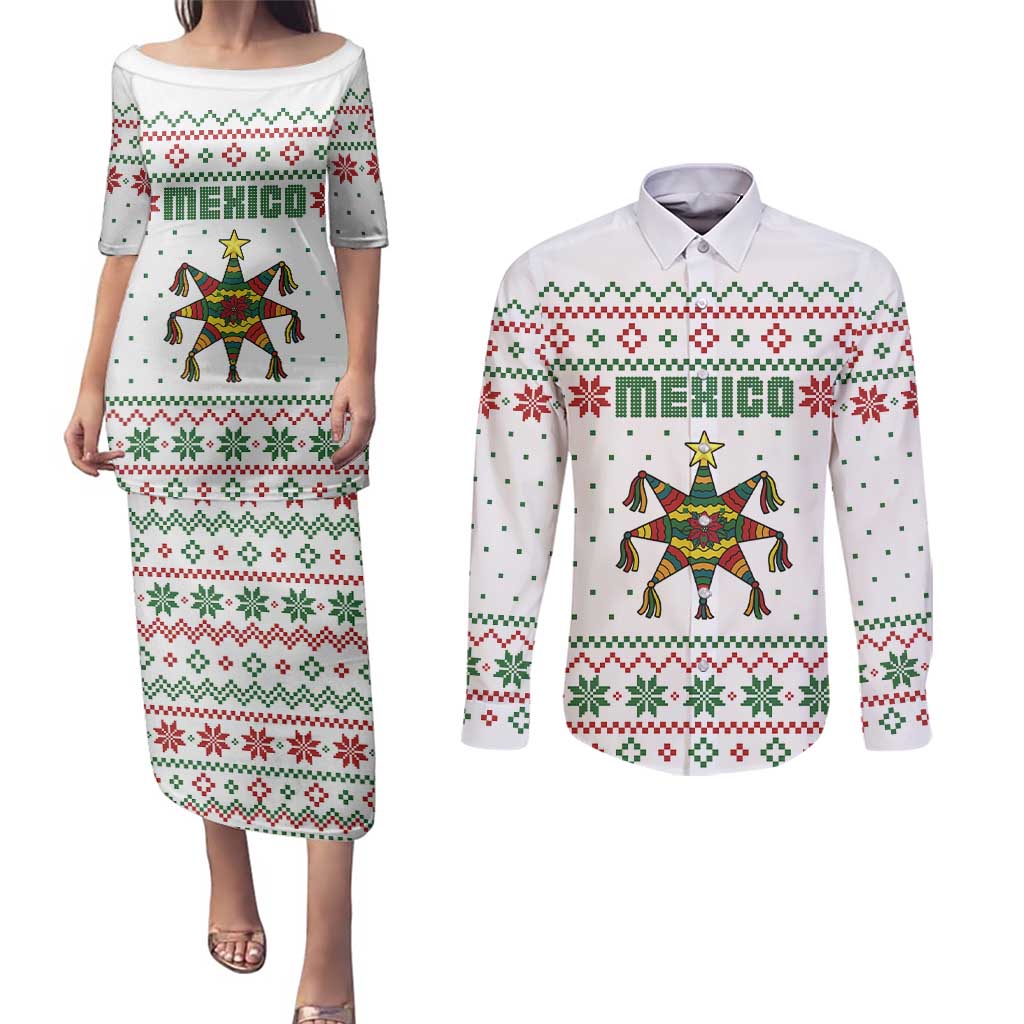 Mexico Christmas Couples Matching Puletasi and Long Sleeve Button Shirt with Piñata Star Design and Red Green Snowflake Pattern - Wonder Print Shop