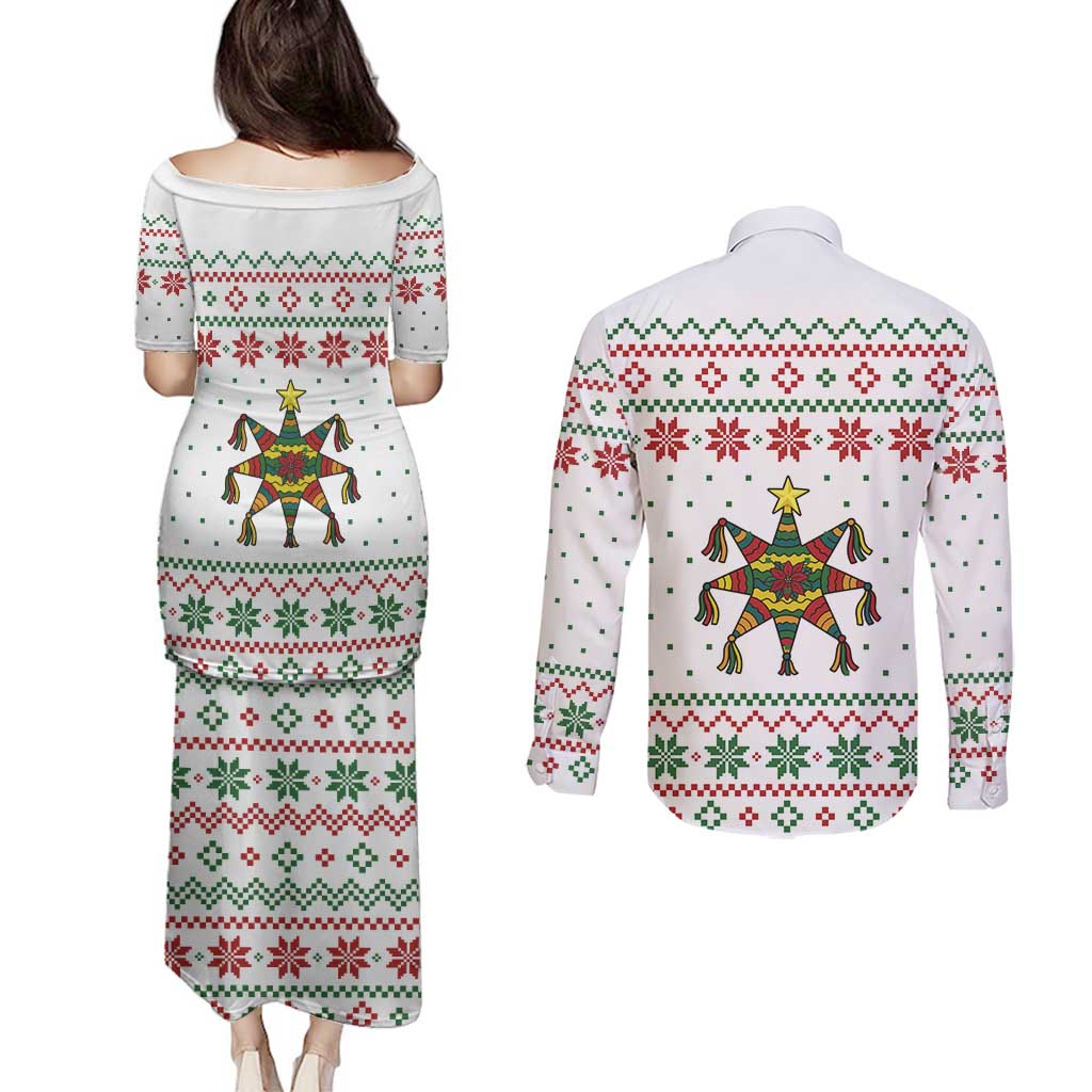 Mexico Christmas Couples Matching Puletasi and Long Sleeve Button Shirt with Piñata Star Design and Red Green Snowflake Pattern - Wonder Print Shop
