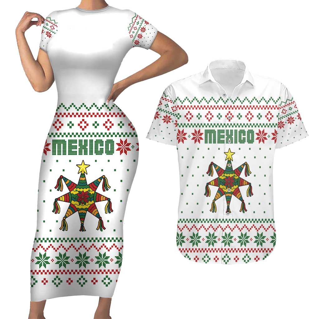 Mexico Christmas Couples Matching Short Sleeve Bodycon Dress and Hawaiian Shirt with Piñata Star Design and Red Green Snowflake Pattern - Wonder Print Shop