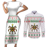 Mexico Christmas Couples Matching Short Sleeve Bodycon Dress and Long Sleeve Button Shirt with Piñata Star Design and Red Green Snowflake Pattern - Wonder Print Shop