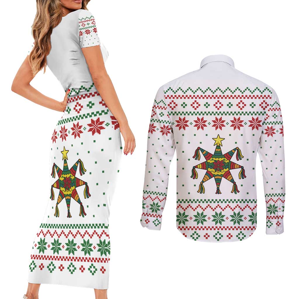 Mexico Christmas Couples Matching Short Sleeve Bodycon Dress and Long Sleeve Button Shirt with Piñata Star Design and Red Green Snowflake Pattern - Wonder Print Shop