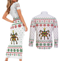 Mexico Christmas Couples Matching Short Sleeve Bodycon Dress and Long Sleeve Button Shirt with Piñata Star Design and Red Green Snowflake Pattern - Wonder Print Shop