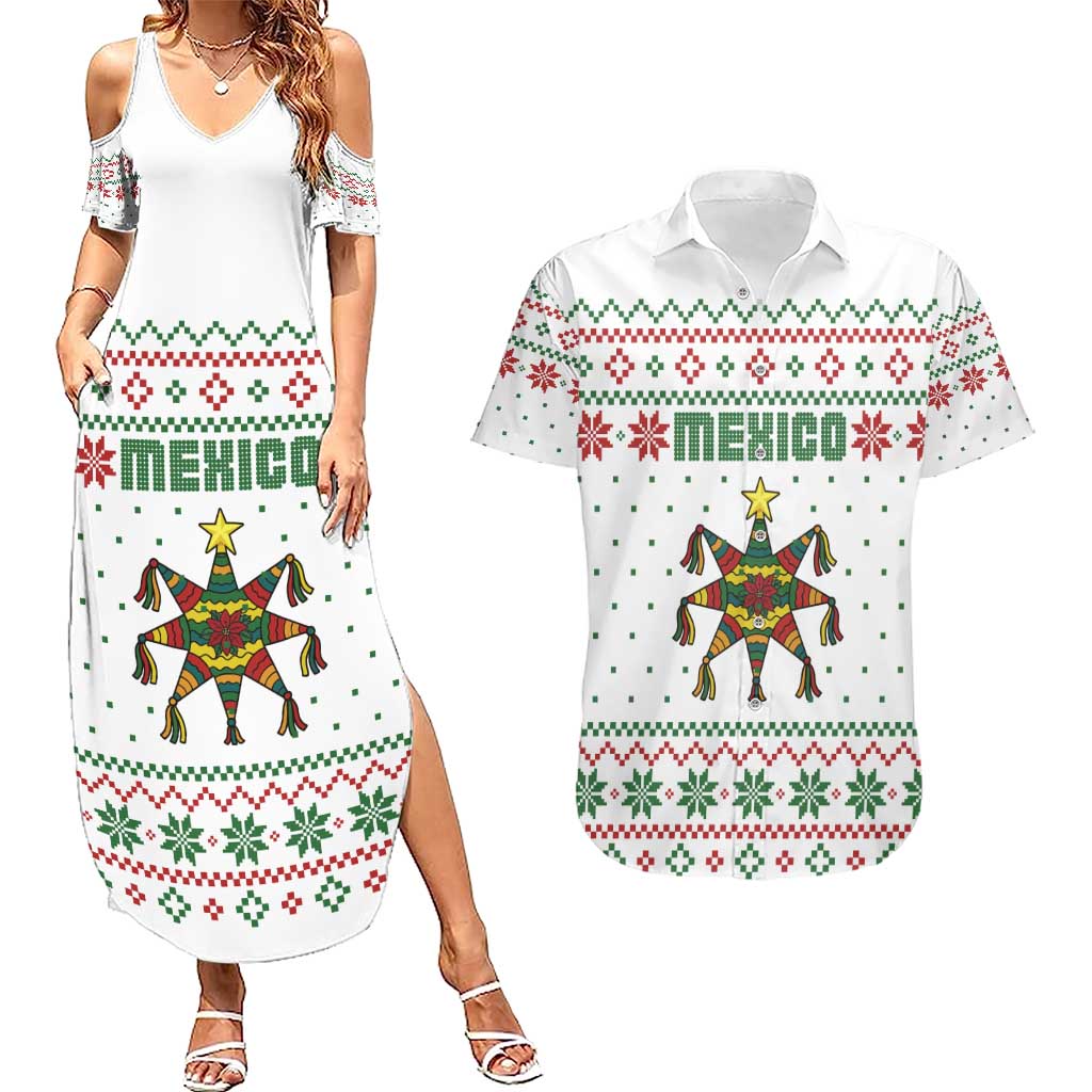Mexico Christmas Couples Matching Summer Maxi Dress and Hawaiian Shirt with Piñata Star Design and Red Green Snowflake Pattern - Wonder Print Shop