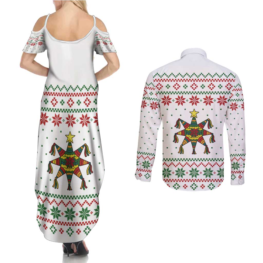 Mexico Christmas Couples Matching Summer Maxi Dress and Long Sleeve Button Shirt with Piñata Star Design and Red Green Snowflake Pattern - Wonder Print Shop