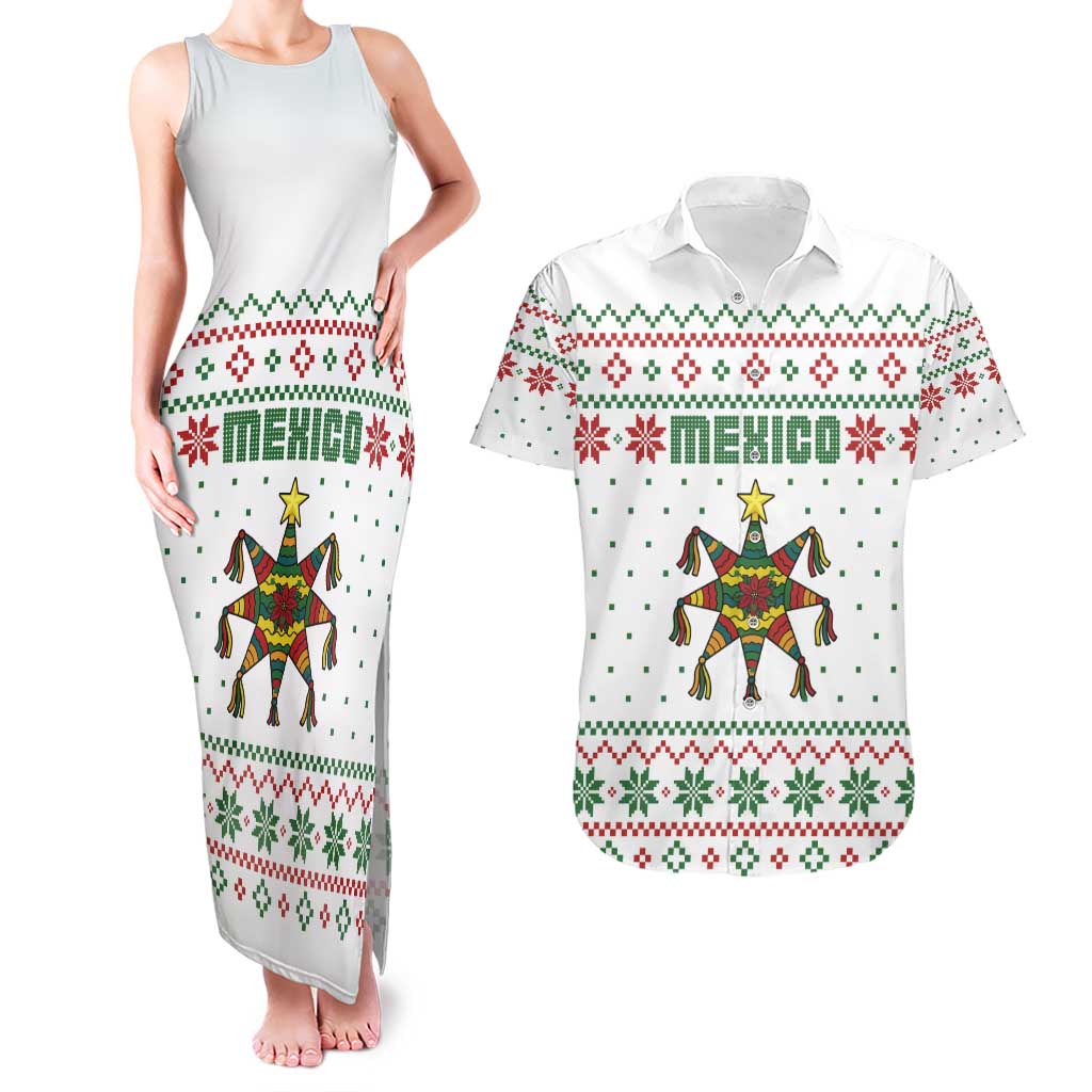 Mexico Christmas Couples Matching Tank Maxi Dress and Hawaiian Shirt with Piñata Star Design and Red Green Snowflake Pattern - Wonder Print Shop