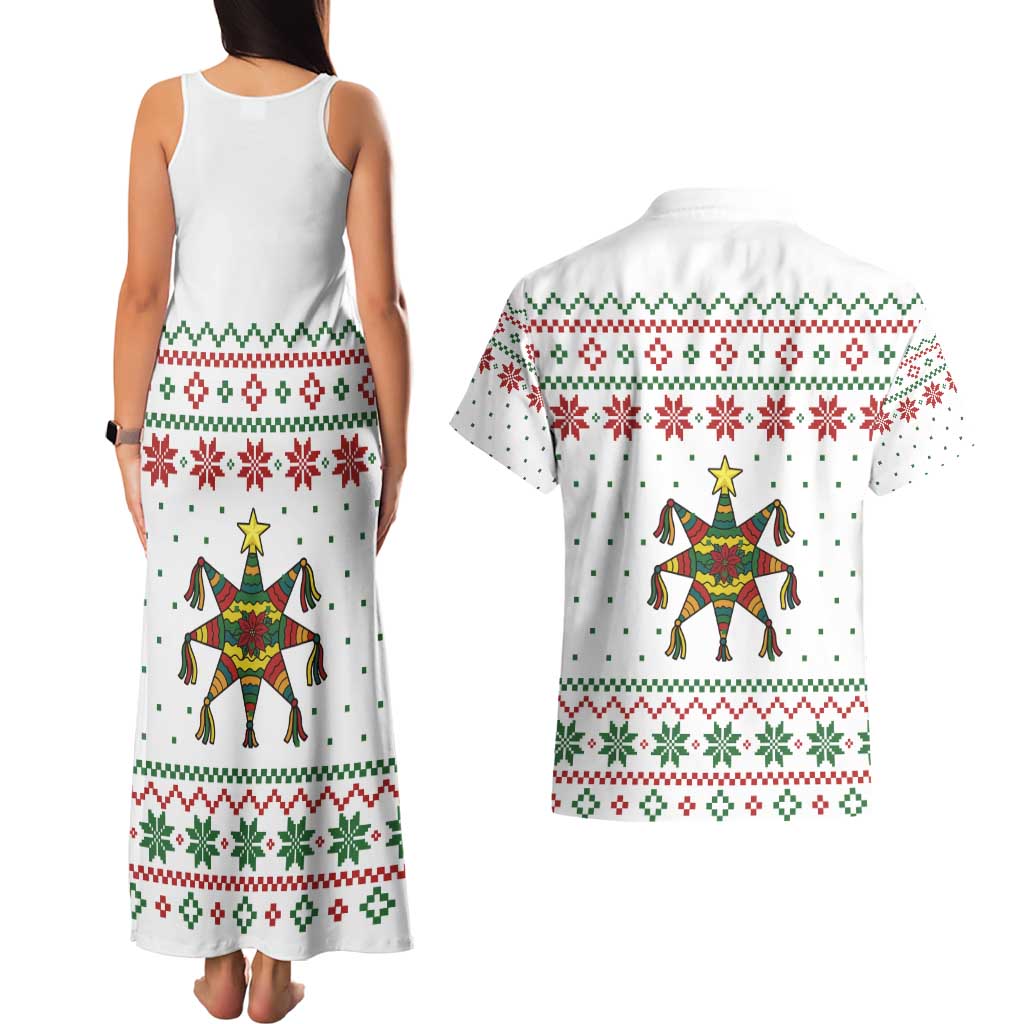 Mexico Christmas Couples Matching Tank Maxi Dress and Hawaiian Shirt with Piñata Star Design and Red Green Snowflake Pattern - Wonder Print Shop