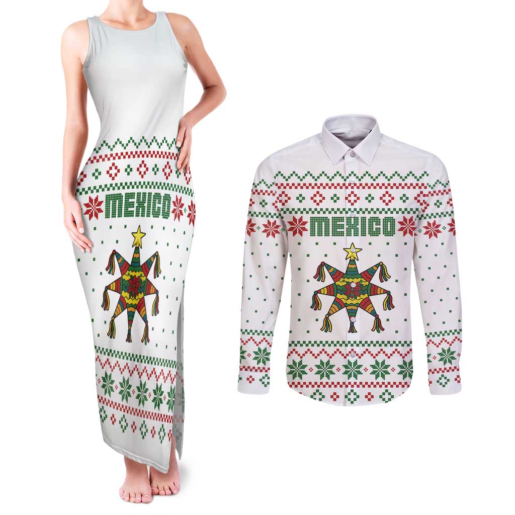 Mexico Christmas Couples Matching Tank Maxi Dress and Long Sleeve Button Shirt with Piñata Star Design and Red Green Snowflake Pattern - Wonder Print Shop