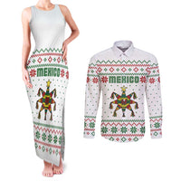 Mexico Christmas Couples Matching Tank Maxi Dress and Long Sleeve Button Shirt with Piñata Star Design and Red Green Snowflake Pattern - Wonder Print Shop