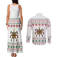 Mexico Christmas Couples Matching Tank Maxi Dress and Long Sleeve Button Shirt with Piñata Star Design and Red Green Snowflake Pattern - Wonder Print Shop