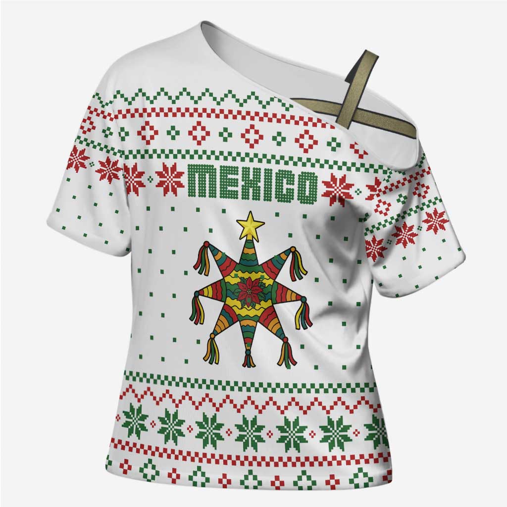 Mexico Christmas Cross Shoulder Shirt with Piñata Star Design and Red Green Snowflake Pattern - Wonder Print Shop